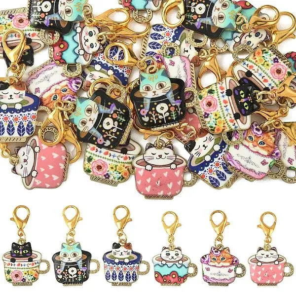 24Pcs 6 Styles Printed Alloy Enamel Pendant Decorations