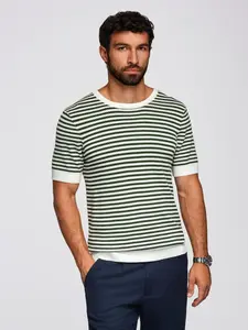 Ombre Men's knitted t-shirt with navy stripes and openwork weave - olive and white