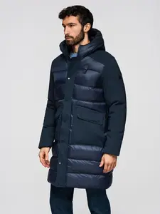 Ombre Men's quilted long jacket with large pockets - navy blue