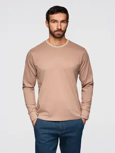 Ombre Men's cotton longsleeve with striped U neckline and embroidery - brown