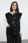 Trendyol Curve Black Pocket, Gold Button Pocket Tweed Large Size Woven Vest