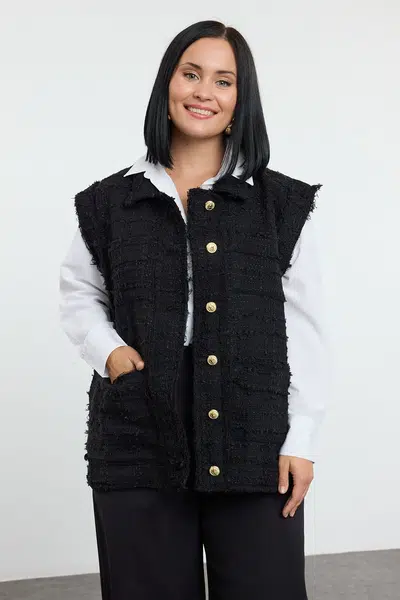 Trendyol Curve Black Pocket, Gold Button Pocket Tweed Large Size Woven Vest