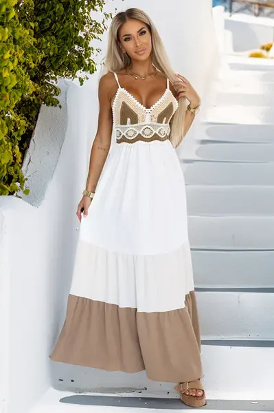 612-1 Long beige and white strapless dress with crochet top - boho