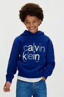 Dětská mikina Calvin Klein Jeans tmavomodrá barva, s kapucí, s potiskem, IB0IB02563