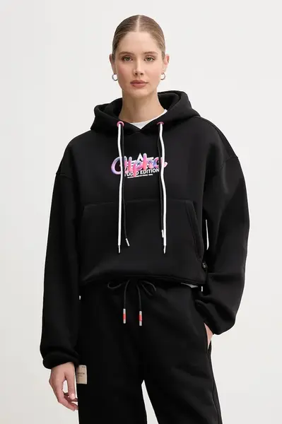 Mikina Alpha Industries dámská, černá barva, s kapucí, s potiskem, 258042.03