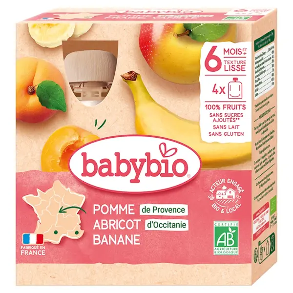 BABYBIO Jablko s meruňkou a banánem 6m+ 4 x 90 g
