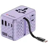 Verbatim 30193, Cestovní adaptér univerzální Charge ,n, Travel 2x USB-C, 2X USB-A + 1x integrovaný kabel USB-C, fialová, 100 W
