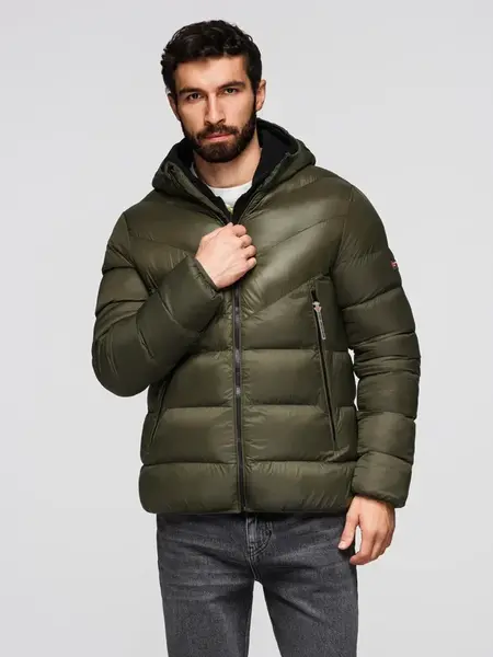 Ombre Men's quilted winter jacket with combined materials - dark olive green