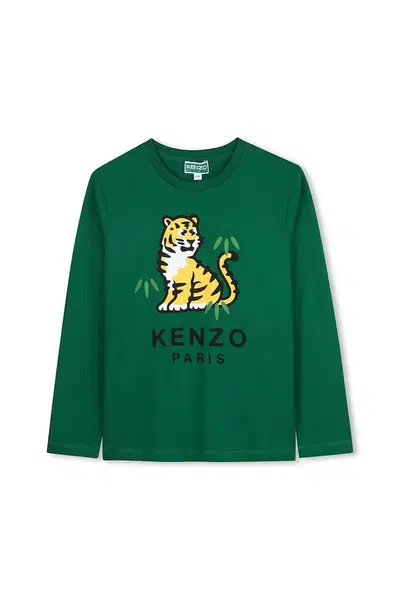 Detská bavlnená košeľa s dlhým rukávom Kenzo Kids zelená farba, s potlačou, K61451