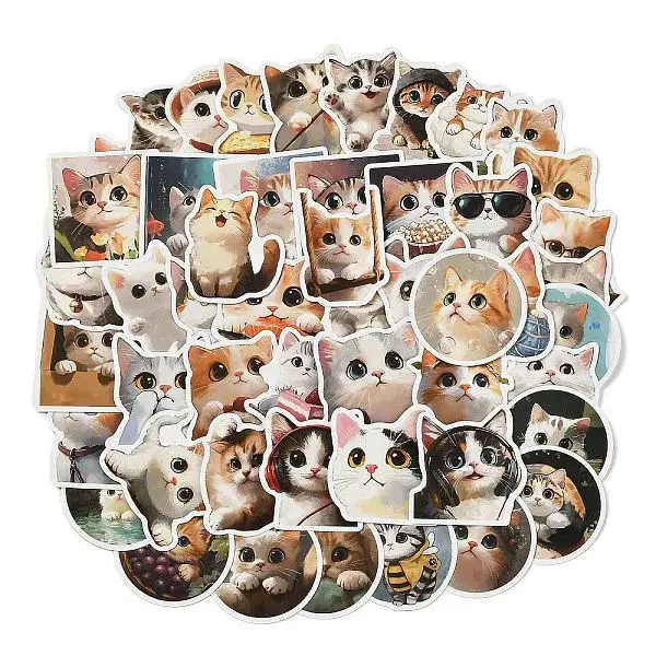 50 Pieces Oil Painting Series Cat Shape Paper Stickers