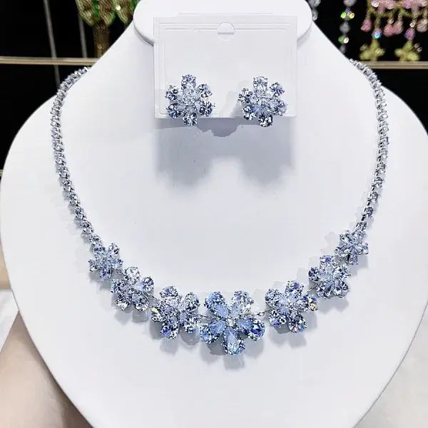 Flower Brass Micro Pave Cubic Zirconia Necklaces & Stud Earrings Sets