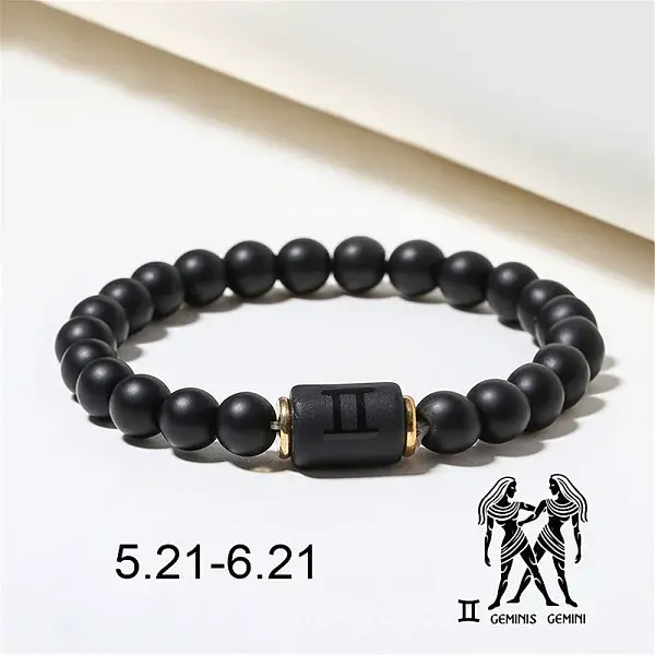 12 Constellations Theme Frosted Black Stone Round Beaded Stretch Bracelets for Women Men