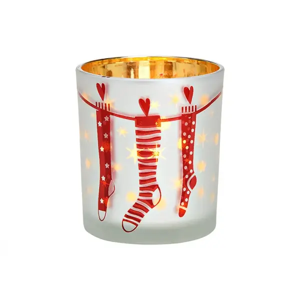 Skleněný svícen CHRISTMAS STOCKING 10 cm bílý