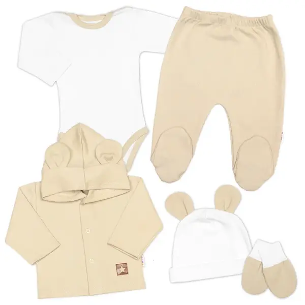 Baby Nellys Žebrovaná sada, Star 5D, body, polodupačky, kabátek, čepička - bílá béžová, 68