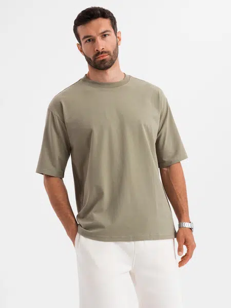 Ombre Men's LOOSE FIT cotton t-shirt with round neckline - khaki