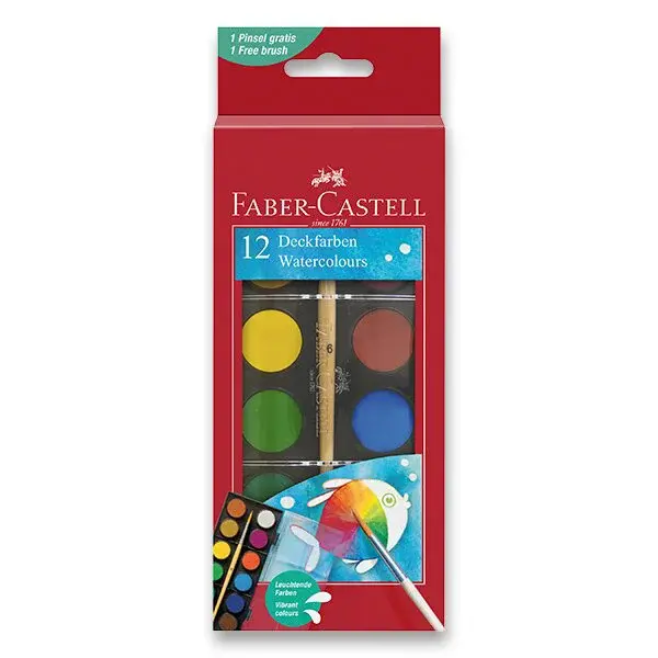 Vodové barvy Faber-Castell - 12 barev, průměr 24 mm