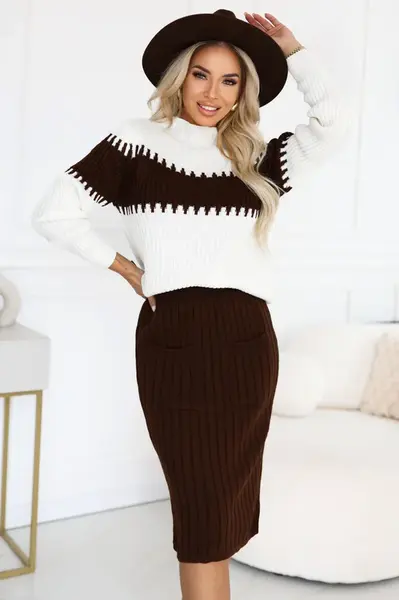 571-2 Two-piece sweater set with matching skirt - chocolate