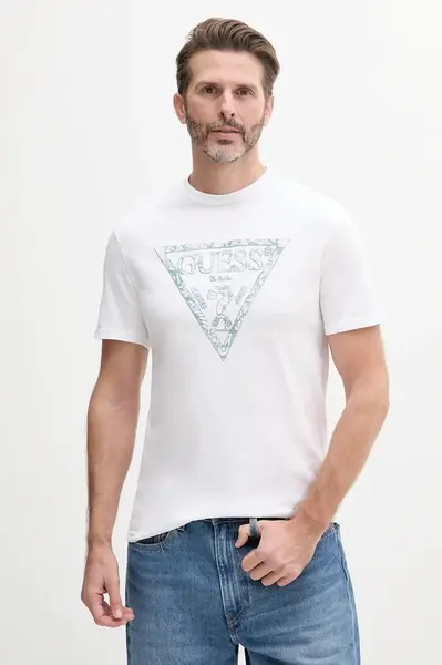 Bavlněné tričko Guess pánské, bílá barva, s potiskem, M5GI06 I3Z14