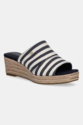 Pantofle Tommy Hilfiger NAUTICAL STRIPES ESPADRILLE MULE dámské, tmavomodrá barva, na klínku, FW0FW08666