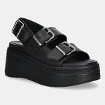 Kožené sandály Tommy Jeans WEDGE SANDAL dámské, černá barva, na platformě, EN0EN02774