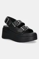 Kožené sandály Tommy Jeans WEDGE SANDAL dámské, černá barva, na platformě, EN0EN02774