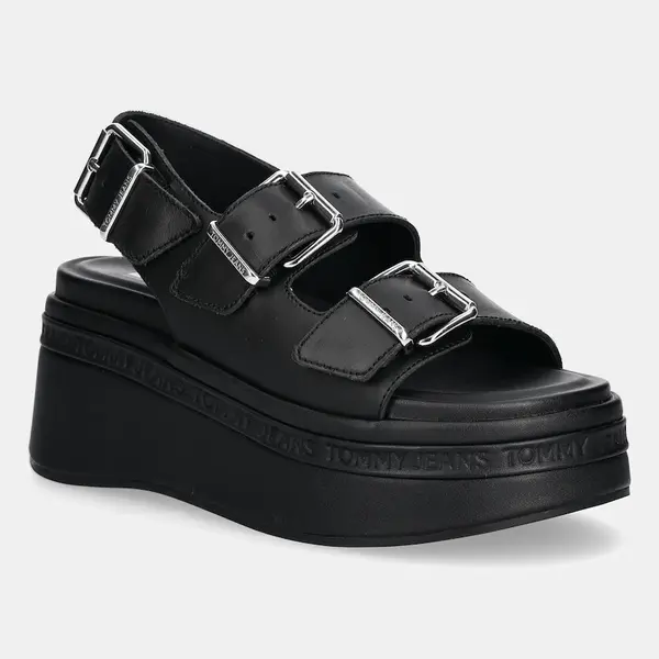 Kožené sandály Tommy Jeans WEDGE SANDAL dámské, černá barva, na platformě, EN0EN02774