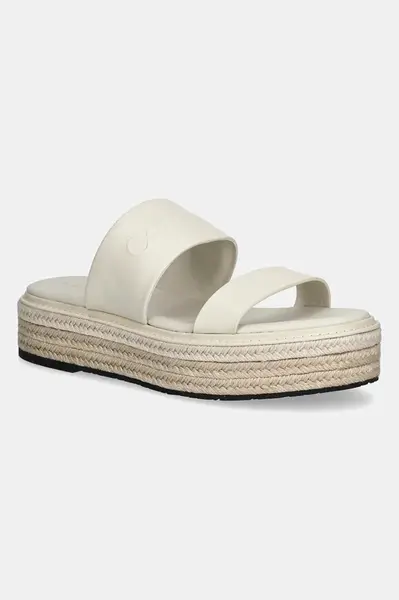 Kožené pantofle Calvin Klein FLATFORM WEDGE SLIDE - HE dámské, béžová barva, na platformě, HW0HW02374