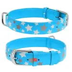 Plochý kožený obojok s hviezdičkami modrý svietiaci, Obvod krku: 21-29 cm, širka: 12 mm