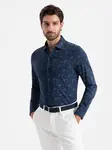 Ombre Men's cotton shirt with floral motif - navy blue