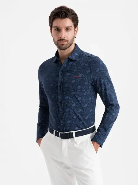Ombre Men's cotton shirt with floral motif - navy blue