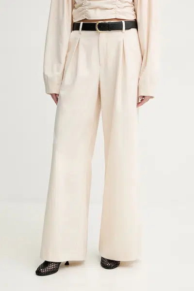 Kalhoty s příměsí vlny Gestuz béžová barva, široké, high waist, 10909915