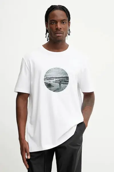 Tričko BOSS Green bílá barva, s potiskem, 50537847