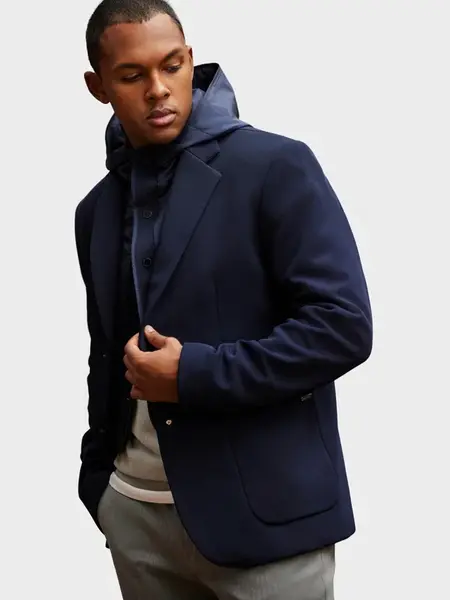 Ombre Men's jacket with hooded lining and high collar - navy blue