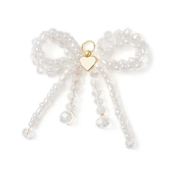 Glass Seed Beaded Bowknot with Heart Pendants