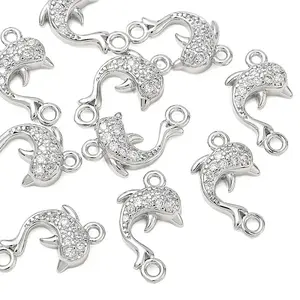 Brass Micro Pave Clear Cubic Zirconia Dolphin Links Connector Charms