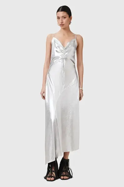 Šaty AllSaints ALEXIA stříbrná barva, midi, W203DC