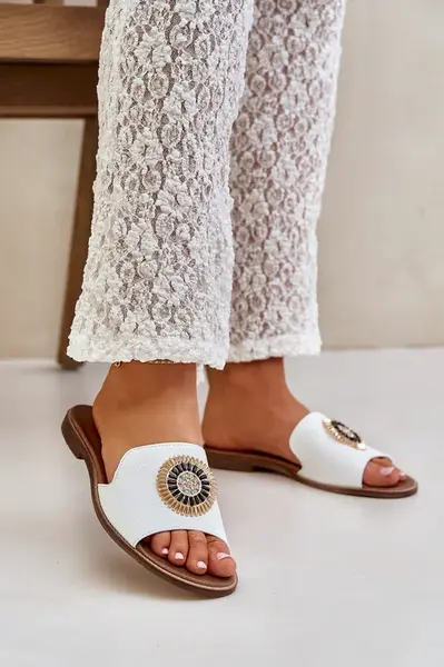 Lewski Shoes Kožené Pantofle S Dekorací Na Plochém Podpatku Bílé Lewski