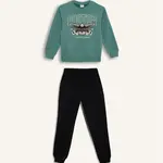 DEFACTO Boy 2-Piece Set Crew Neck Printed Thick Sweatshirt Elastic Waist Tracksuit Bottoms