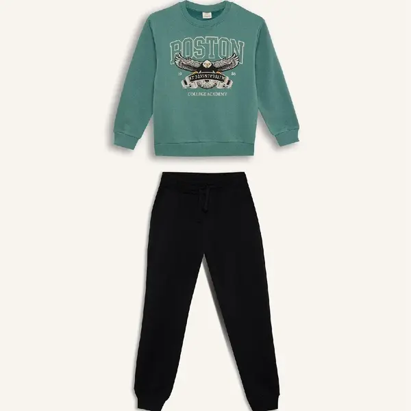 DEFACTO Boy 2-Piece Set Crew Neck Printed Thick Sweatshirt Elastic Waist Tracksuit Bottoms