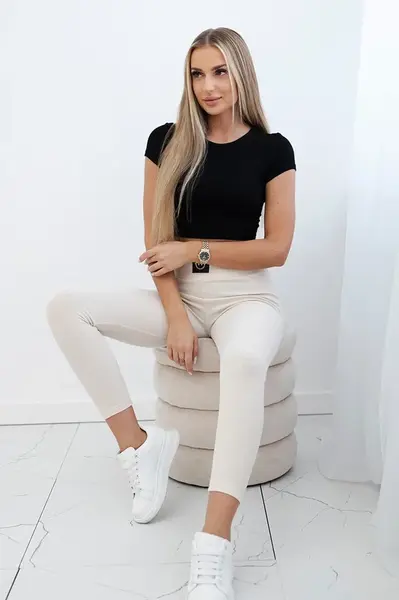 Žebrované legíny s vysokým pasem světle béžové