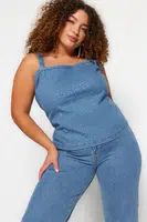 Trendyol Curve Blue Stone Detailed Crop Denim Blouse