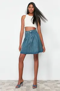 Trendyol Blue Pleated High Waist Mini Denim Skirt