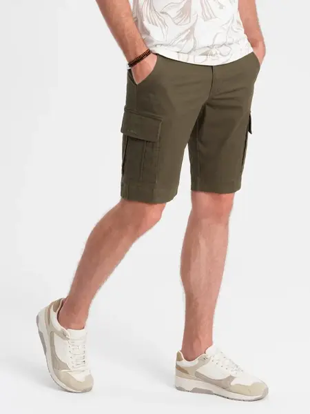 Ombre One-color men's shorts with cargo pockets - dark olive