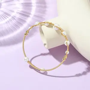 Herringbone Wire-Wrapped Shell Pearl Brass Cuff Bangles