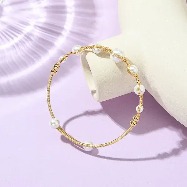 Herringbone Wire-Wrapped Shell Pearl Brass Cuff Bangles