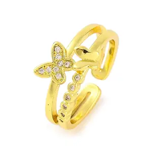 Butterfly Brass Micro Pave Clear Cubic Zirconia Open Cuff Rings for Women