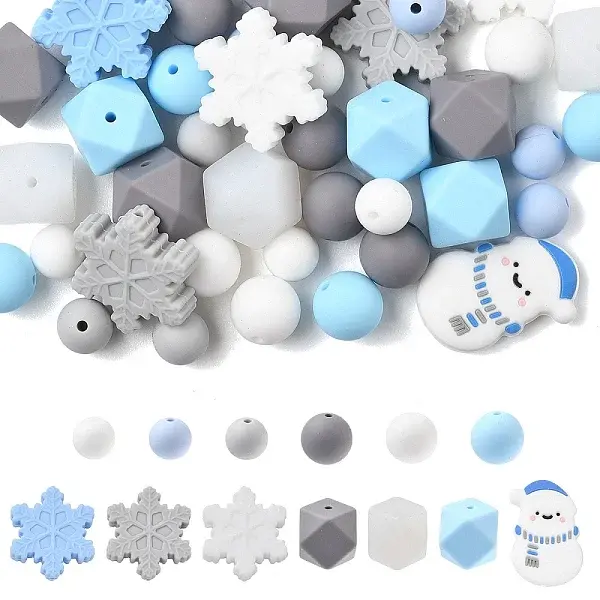 53Pcs Round & Snowflake Food Grade Eco-Friendly Silicone Beads