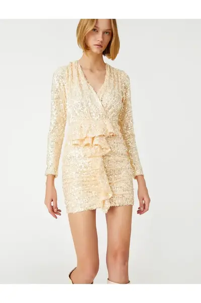 Koton s dlouhým rukávem flitry volán mini večerní šaty