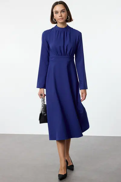 Trendyol Saxe Stand Collar Skater/Waist Open Midi Woven Dress