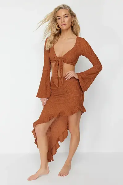 Trendyol Brown Body-Smoothing Woven Ruffle Blouse Beach Skirt Set